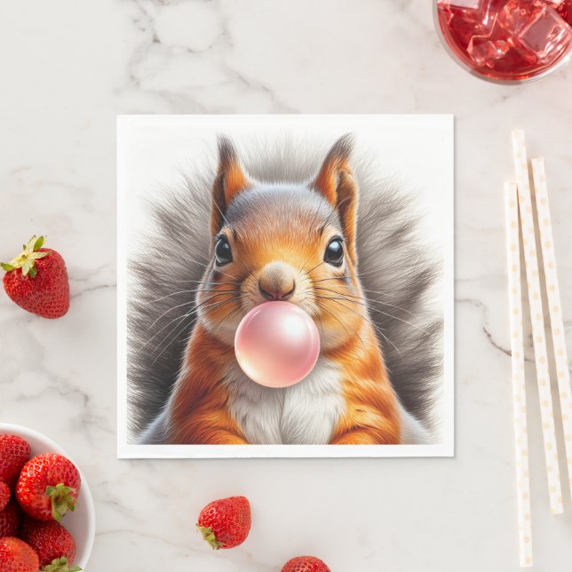 Adorable Red Squirrel Blowing Bubble Gum Nursery Napkin (Insitu)