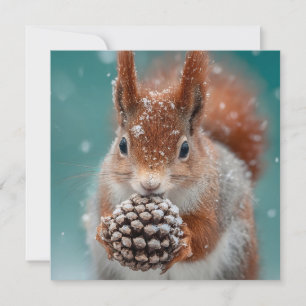 Adorable Red Squirrel in the Snow with a Pinecone Holiday Card