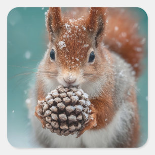 Adorable Red Squirrel in the Snow with a Pinecone Square Sticker