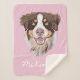 Adorable Red Tri Aussie   Pink   Personalized Sherpa Blanket