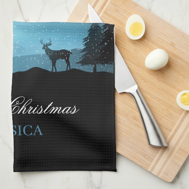 Adorable Reindeer At Night Kitchen Towel (Quarter Fold)