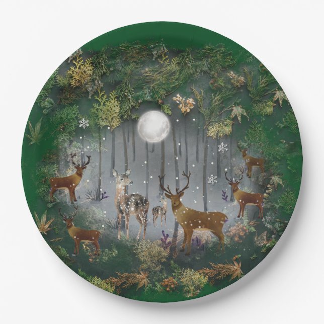 Adorable Reindeer At Night Paper Plate (Front)