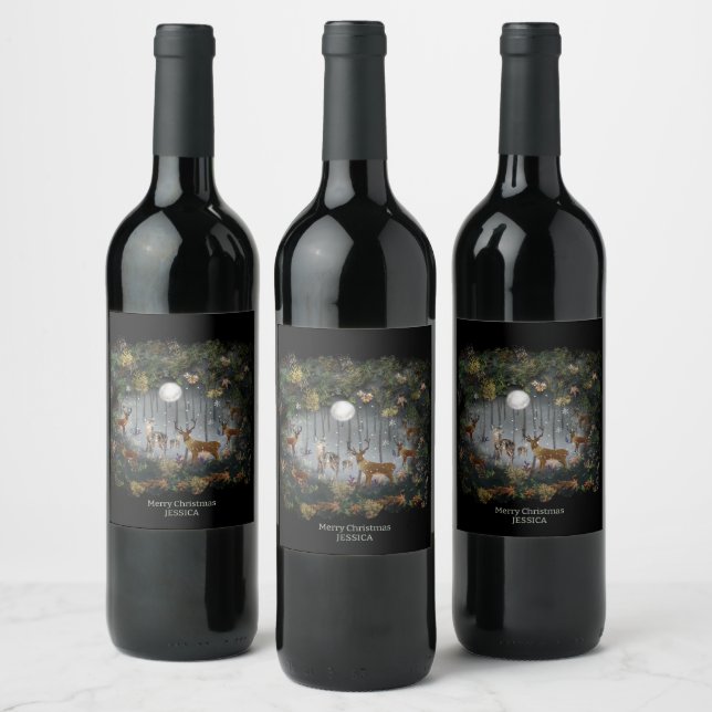 Adorable Reindeer At Night Wine Label (Bottles)