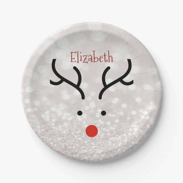 Adorable Reindeer Face,Bokeh  Paper Plate (Front)