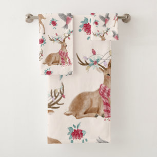 Adorable Reindeers,Birds,Flowers Bath Towel Set