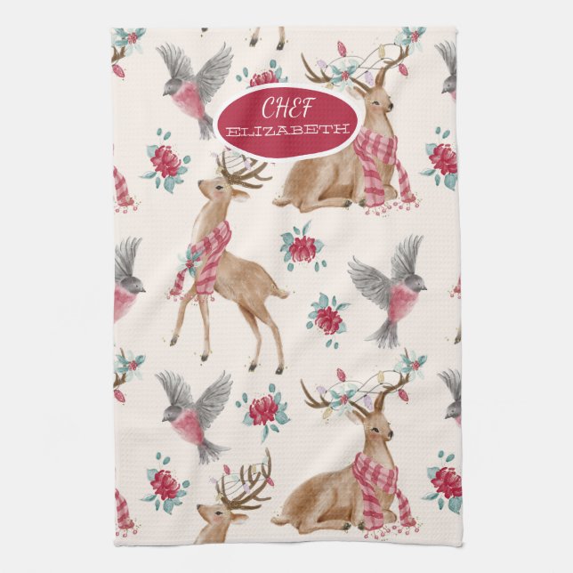 Adorable Reindeers,Birds,Flowers  Kitchen Towel (Vertical)