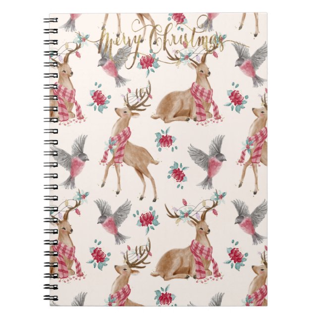 Adorable Reindeers, Birds, Flowers. Notebook (Front)