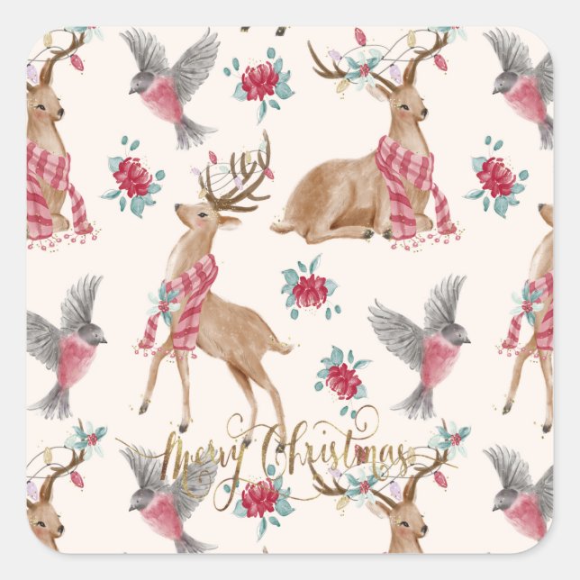 Adorable Reindeers, Birds, Flowers   Square Sticker (Front)
