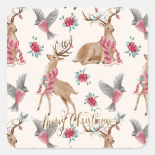 Adorable Reindeers, Birds, Flowers   Square Sticker