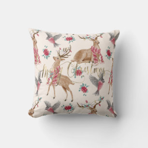Adorable reindeers, birds, flowers throw pillow