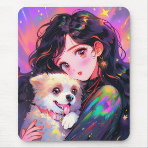 Adorable Retro Anime Girl & Her Dog Mouse Pad