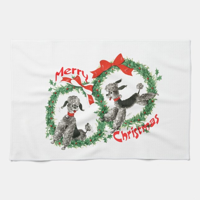 Adorable Retro Christmas Poodles Wreath Custom Kitchen Towel (Horizontal)