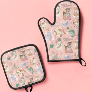 Adorable Retro Pink Green Christmas Oven Mitt Set