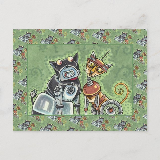 ADORABLE ROBOT BULLDOG AND FELINE FRIEND Funny Postcard (Front)