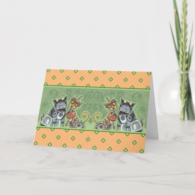 ADORABLE ROBOT BULLDOG & FELINE FRIEND Funny Blank Card (Front)