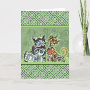 ADORABLE ROBOT BULLDOG & FELINE FRIEND Funny Blank Card