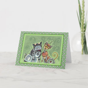ADORABLE ROBOT BULLDOG & FELINE FRIEND Funny Blank Card