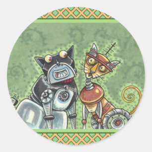 ADORABLE ROBOT BULLDOG & FELINE FRIEND Funny Classic Round Sticker