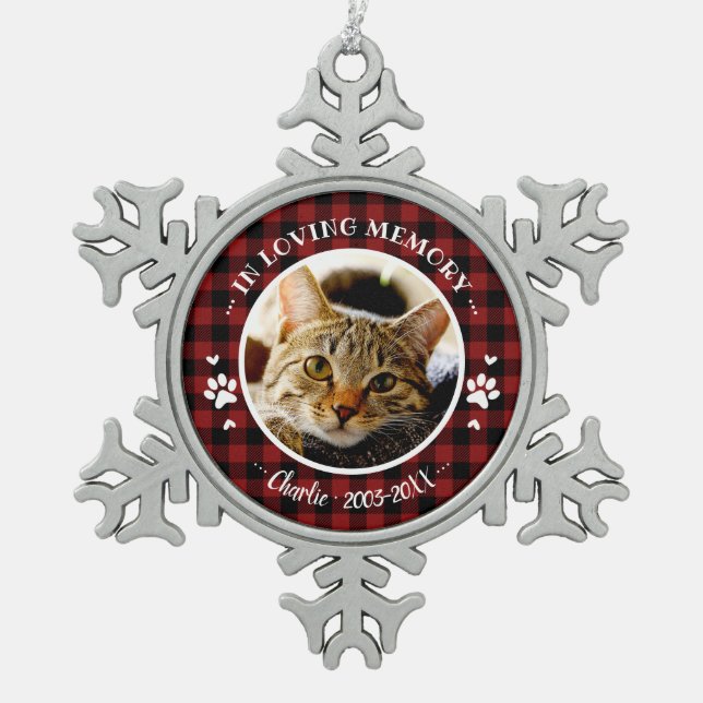 Adorable Rustic Cat Pet Memorial Custom Photo Snowflake Pewter Christmas Ornament (Front)