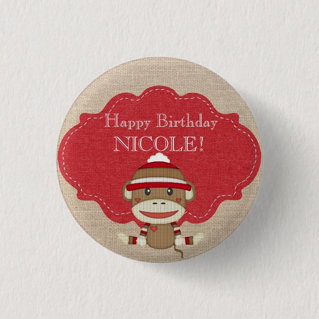 Adorable Rustic Custom Sock Monkey Party 1 Inch Round Button (Front)