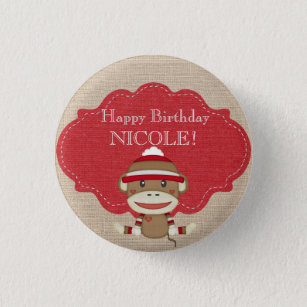 Adorable Rustic Custom Sock Monkey Party 1 Inch Round Button