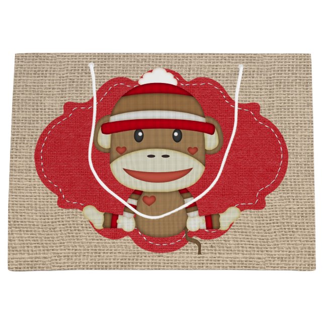 Adorable Rustic Custom Sock Monkey Party Large Gift Bag (Front)