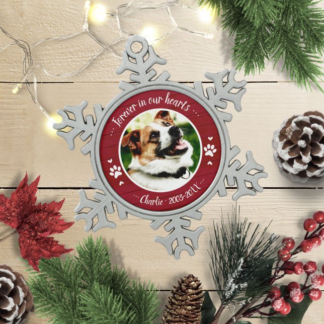 Adorable Rustic Dog Pet Memorial Custom Photo Snowflake Pewter Christmas Ornament (Creator Uploaded)