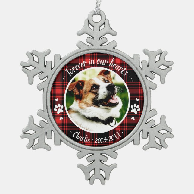 Adorable Rustic Dog Pet Memorial Custom Photo Snowflake Pewter Christmas Ornament (Front)