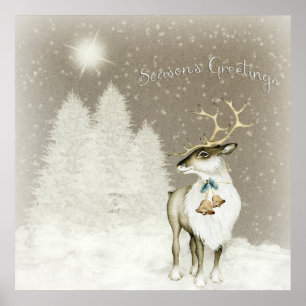 Adorable Rustic Reindeer in Winter Poster