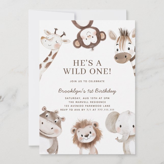 Adorable Safari Animal Themed 1st Birthday Invitation (Front)