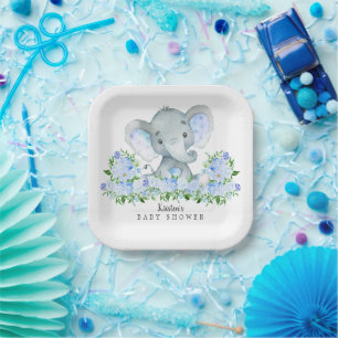 Adorable Safari Elephant Boys Baby Shower Paper Plate