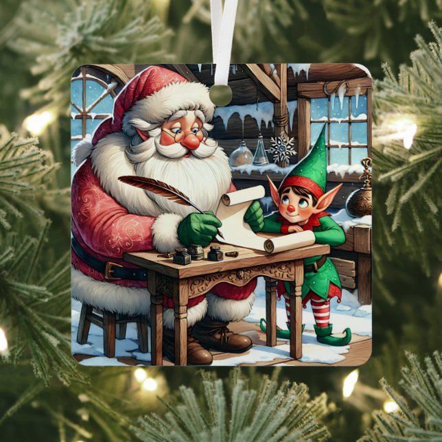 Adorable Santa and Elf Christmas Metal Ornament (Insitu)