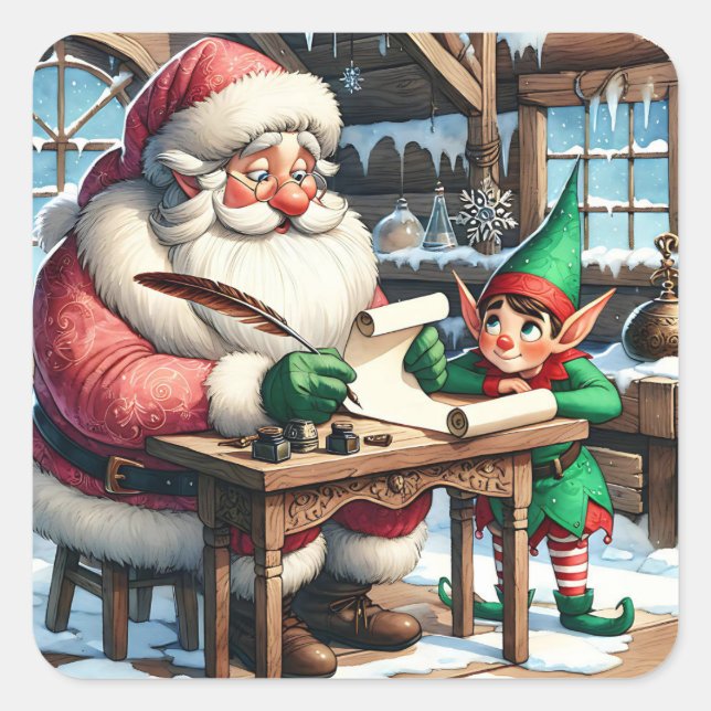Adorable Santa and Elf Christmas Square Sticker (Front)