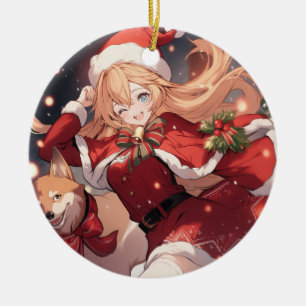 Adorable Santa Anime Girl and Christmas Shiba Dog Ceramic Ornament