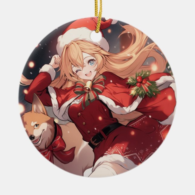 Adorable Santa Anime Girl and Christmas Shiba Dog Ceramic Ornament (Front)