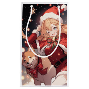 Adorable Santa Anime Girl and Christmas Shiba Dog Small Gift Bag