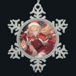Adorable Santa Anime Girl and Christmas Shiba Dog Snowflake Pewter Christmas Ornament<br><div class="desc">Digital art of an adorable anime girl dressed in Santa Claus like attire. She has a long red pointed Christmas Santa hat, a cute red dress with a belt, a Christmas shawl with white fluff, cute red and green bows and ribbons, and a bell. Her shiba inu dog is running...</div>