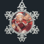 Adorable Santa Anime Girl and Christmas Shiba Dog Snowflake Pewter Christmas Ornament<br><div class="desc">Digital art of an adorable anime girl dressed in Santa Claus like attire. She has a long red pointed Christmas Santa hat, a cute red dress with a belt, a Christmas shawl with white fluff, cute red and green bows and ribbons, and a bell. Her shiba inu dog is running...</div>