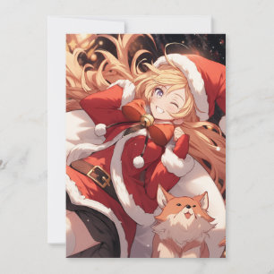 Adorable Santa Anime Girl Bag of Gifts and Pet Dog Holiday Card