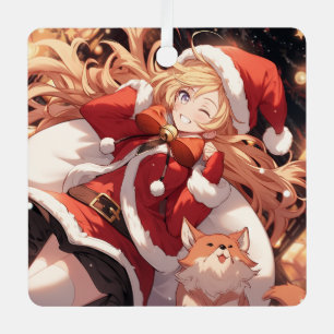 Adorable Santa Anime Girl Bag of Gifts and Pet Dog Metal Ornament