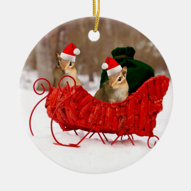 Adorable Santa Baby Chipmunks in Sleigh Ceramic Ornament (Front)