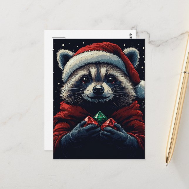 Adorable Santa Raccoon Postcard (Front/Back In Situ)