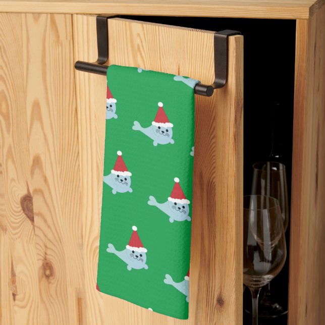 Adorable Santa Seal Kitchen Towel (Thirds Fold)