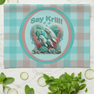 Adorable "Say Krill" Whale Family Portrait Kitchen Towel