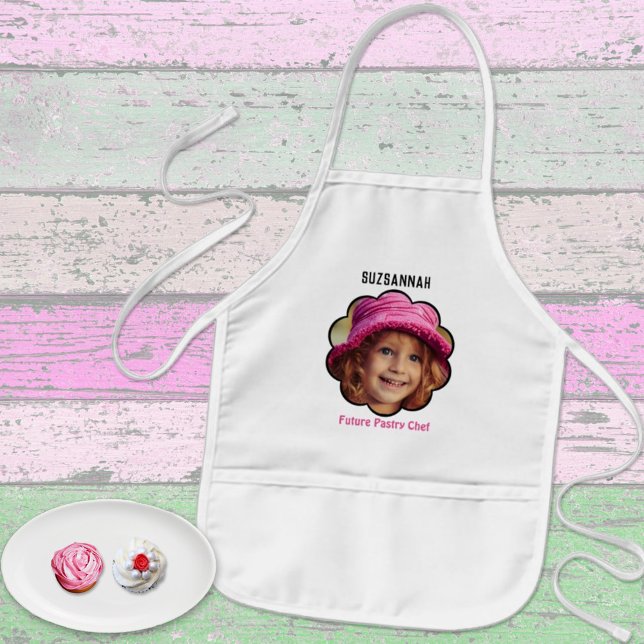 Adorable Scalloped Custom Photo Template Name Kids Apron (Cute kids apron with a custom photo and text as a sweet gift idea. )