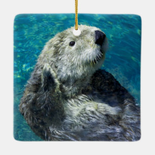 Adorable Sea Otter Cute Blue Water Ceramic Ornament