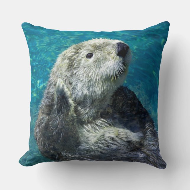 Adorable Sea Otter Cute Blue Water Throw Pillow (Front)