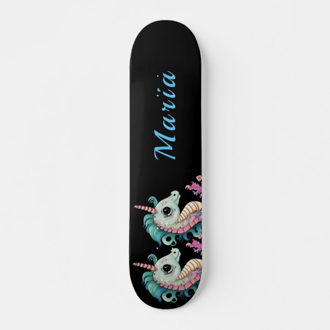 Adorable seahorse custom name skateboard (Front)