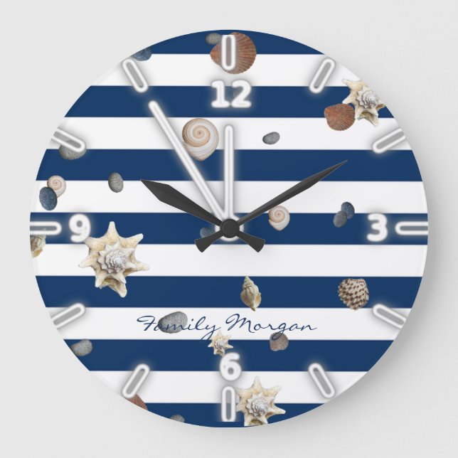 Adorable Seashells ,Navy Blue Stripes-Personalized Large Clock (Front)
