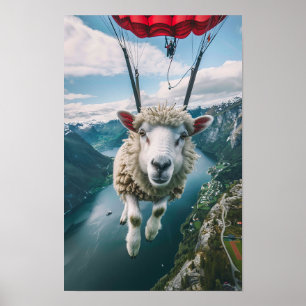 Adorable Sheep Parachuting: Realistic Go-Pro Pictu Poster